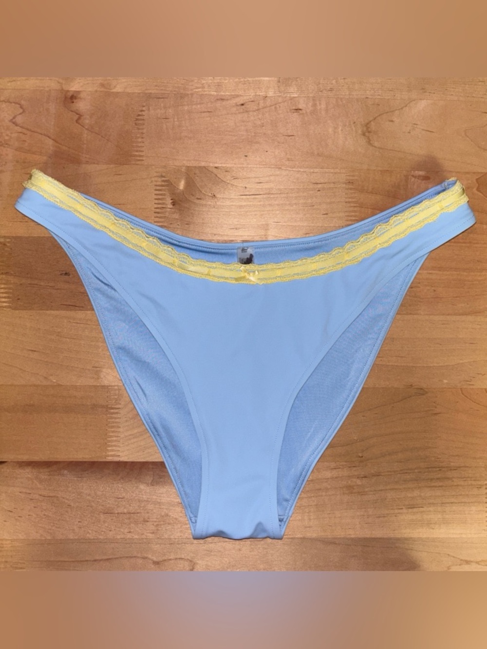 Pink by Frankie’s Bikinis blue and yellow lace trim bottoms